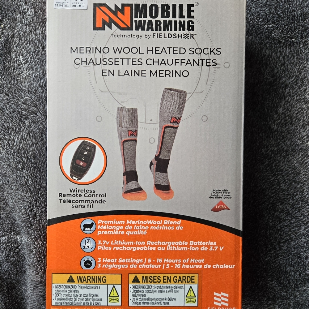 Mobile Warming Heated Merino Wool Socks XL Mens 10-14 / Womens 11-14